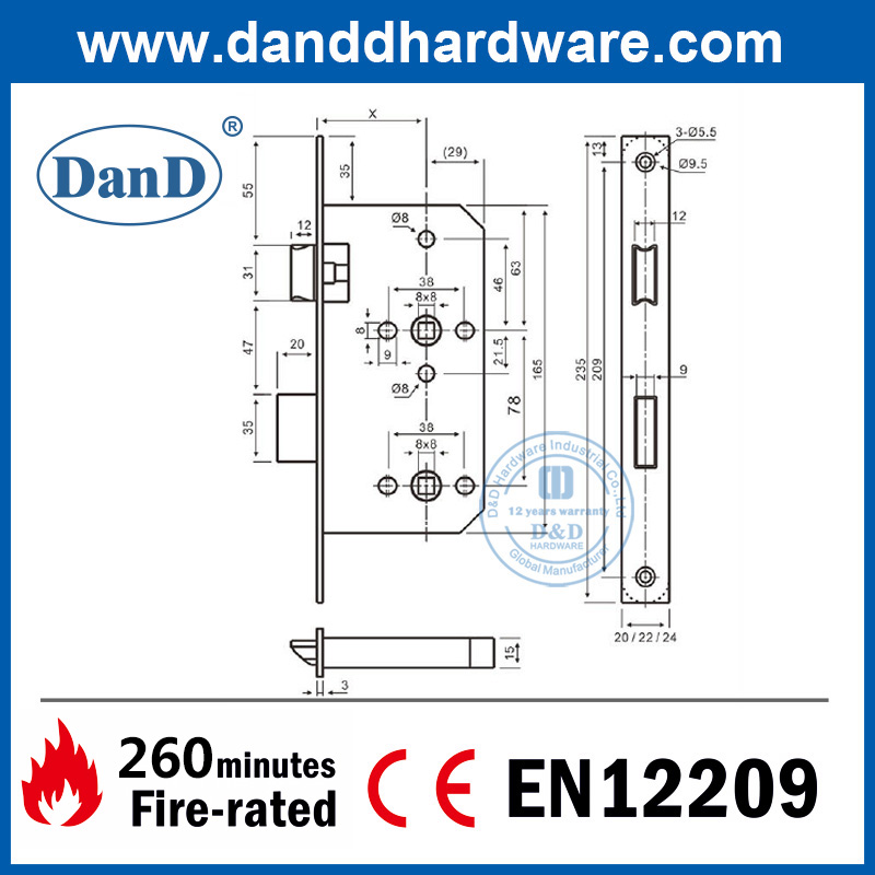 CE EN12209不锈钢防火浴室门榫眼锁-DML012-6078